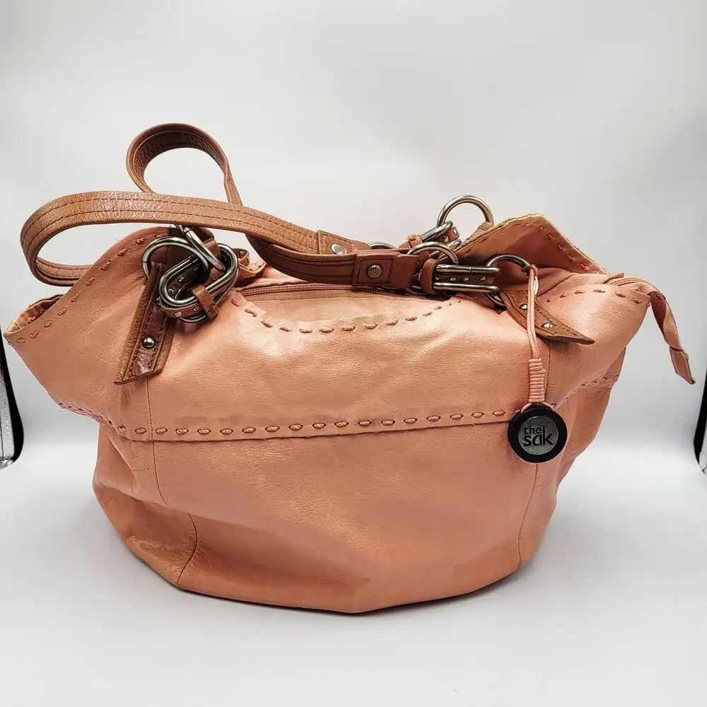 The Sak Pink Coral Salmon Leather Slouch Silhouette Hobo Handbag Stitched Detail
